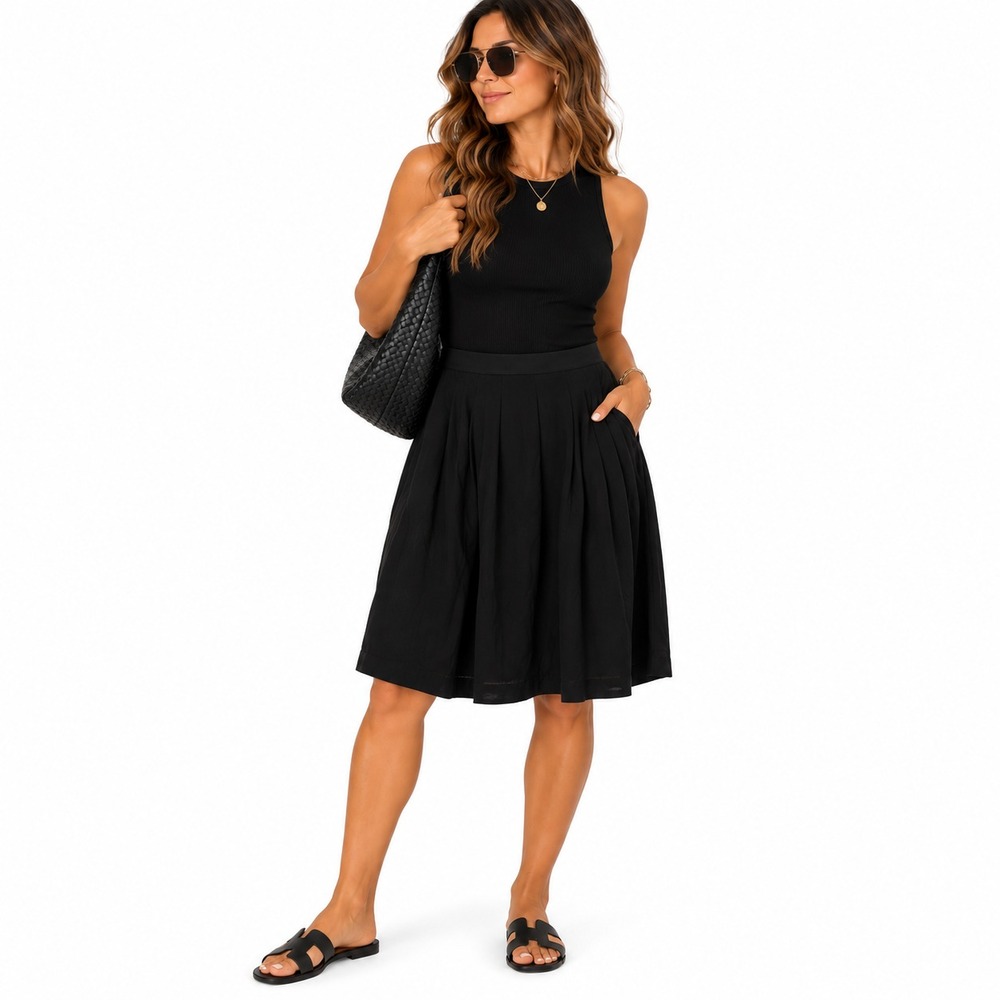 Eileen Fisher Organic Cotton Skirt Womens Med Waist Black Pleated A Line Pockets